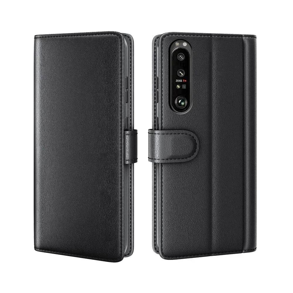 Sony Xperia 1 III Lommeboketui i ekte skinn, Svart Sony Xperia 1 III Lommeboketui i ekte skinn, Svart