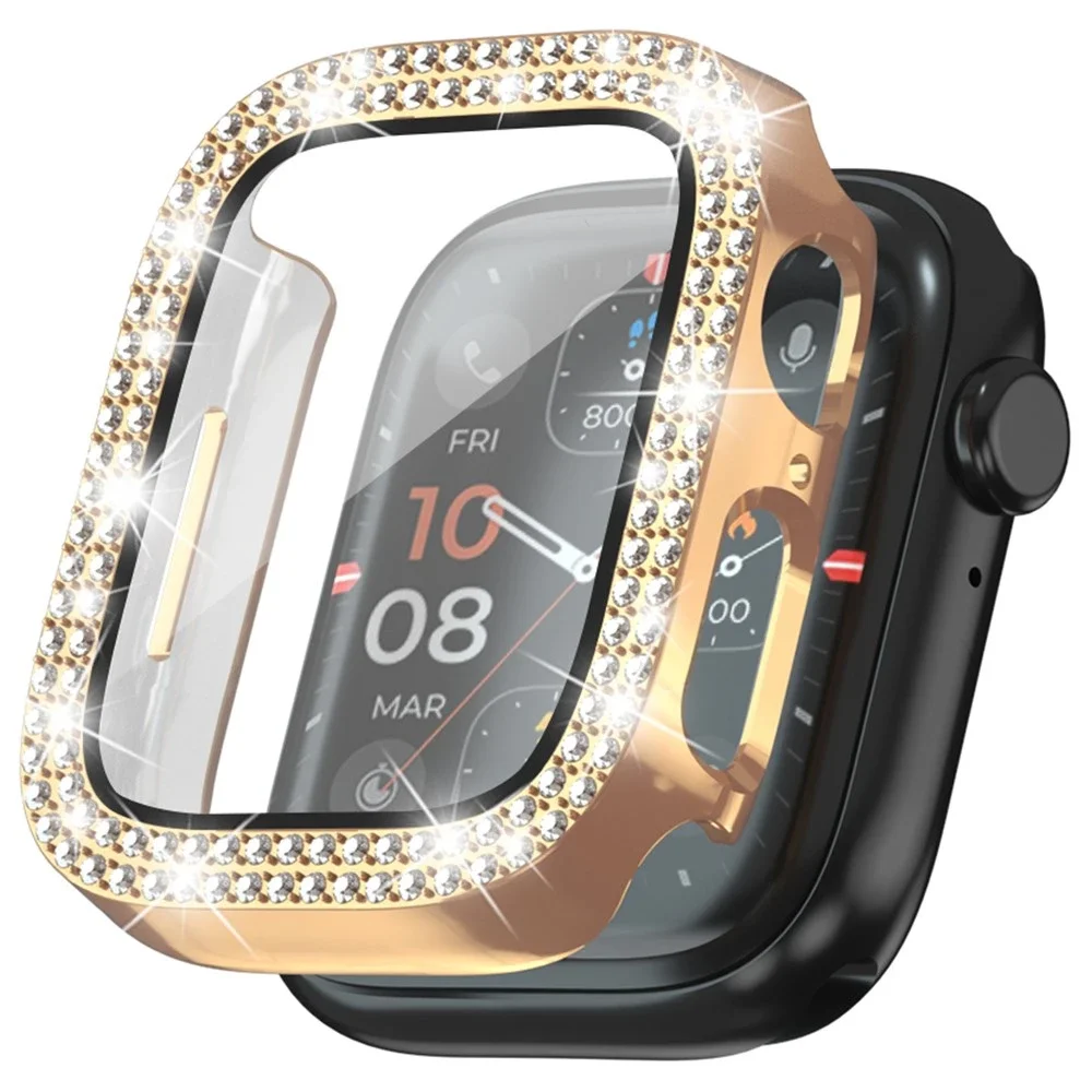 Apple Watch SE 3 44mm Heldekkende deksel med innebygd skjermbeskytter og steiner, Rosegull